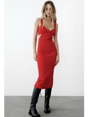 Zara Red Midi Dress with Side Cutouts